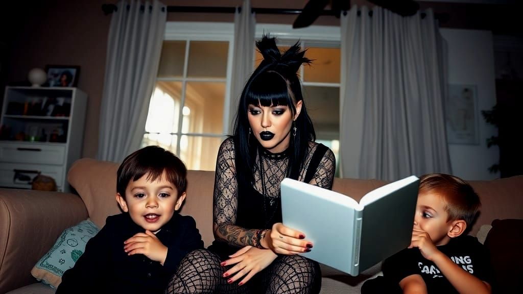 Goth Babysitter with Spiked Hair in a Home