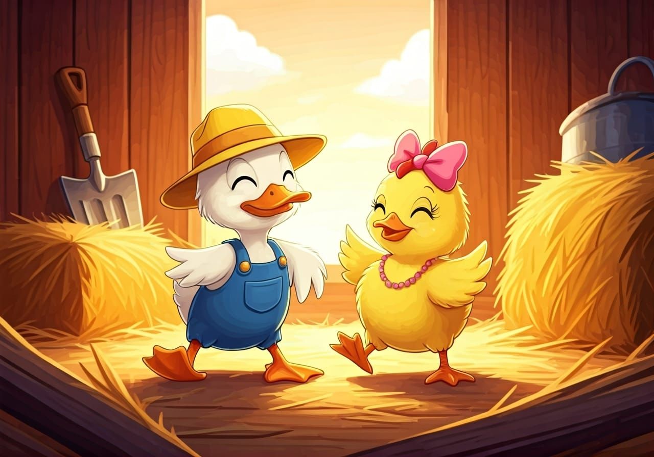 Duckling and Chick Dancing in Sunny Barn Cartoon Style