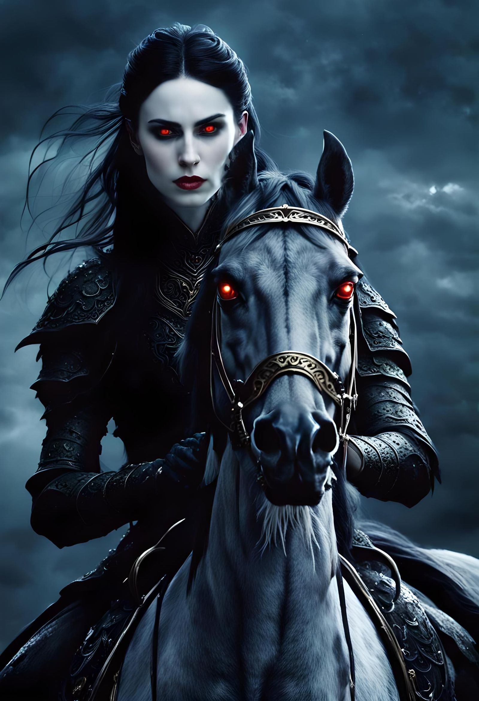 Vampire Warrior Woman on Demonic Horse in Gothic Armor