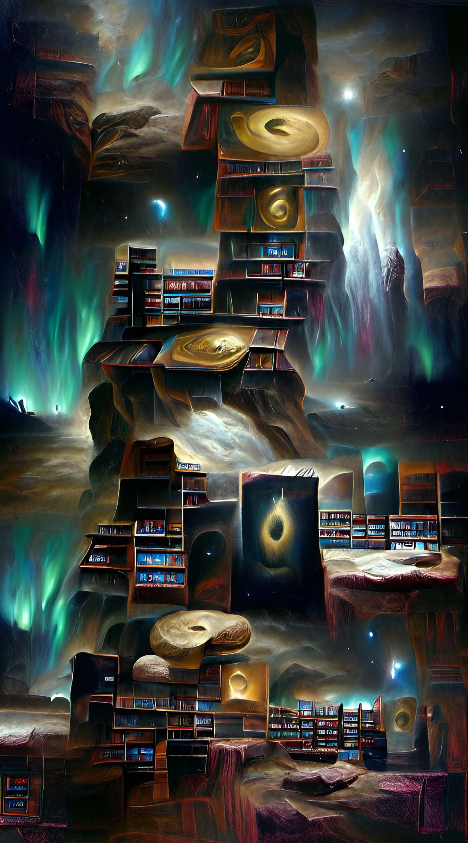 Endless Library With Waterfalls, Oil on Canvas