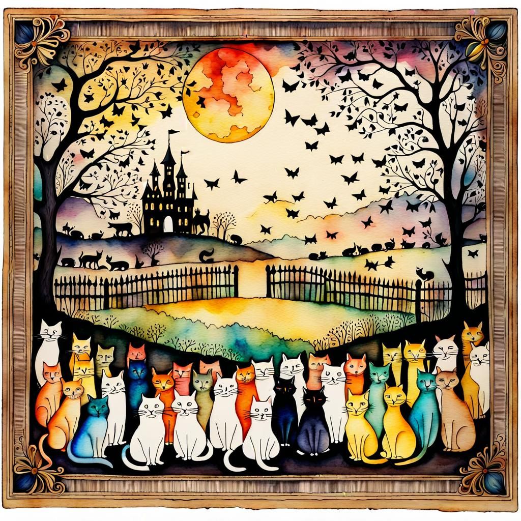 Anthropomorphic Cat Herder in Watercolor Field