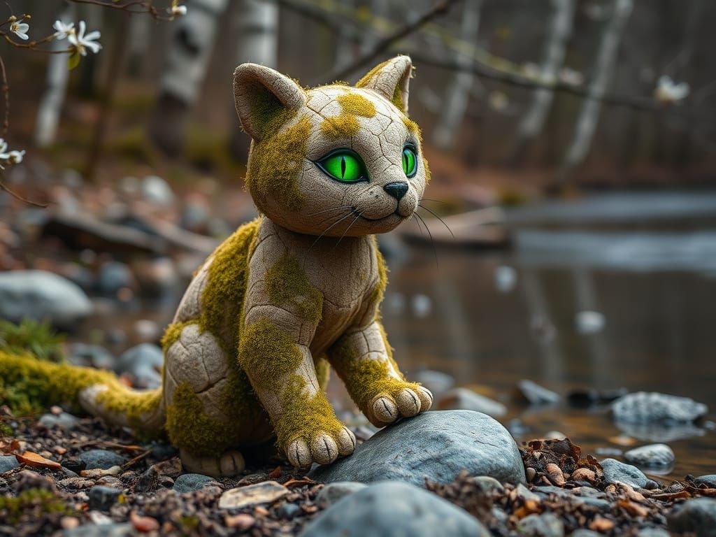 Moss-Covered Feline Stone Creature in Springtime Forest