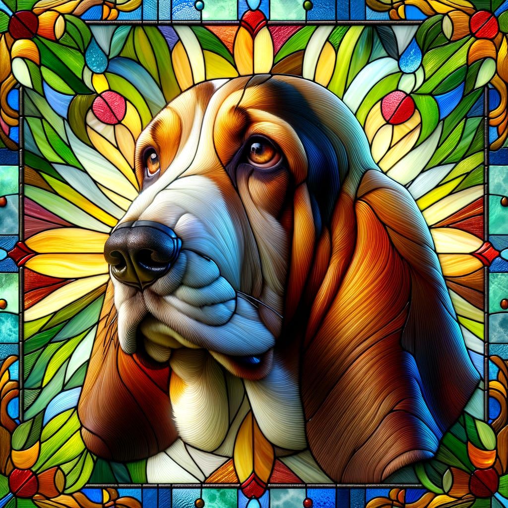 Stained Glass Basset Hound in Hyperrealistic 3D