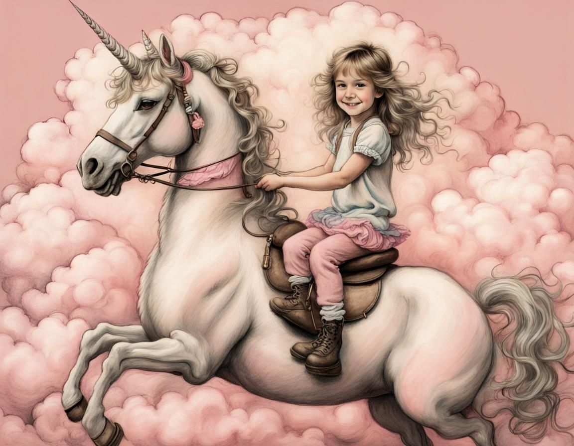 Smiling six-year-old girl sitting on a unicorn on a puffy pink cloud