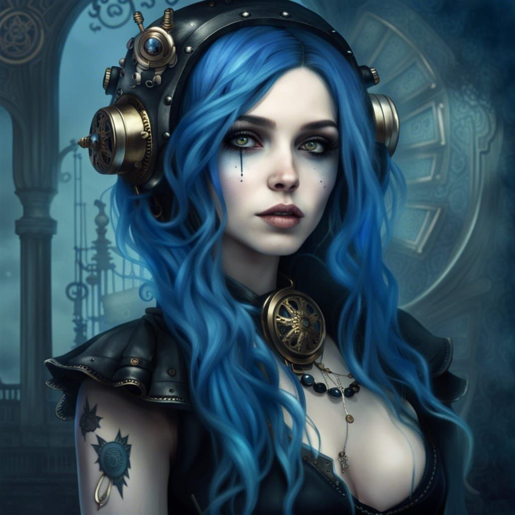 Enchanting Steampunk Girl Portrait with Blue Hair