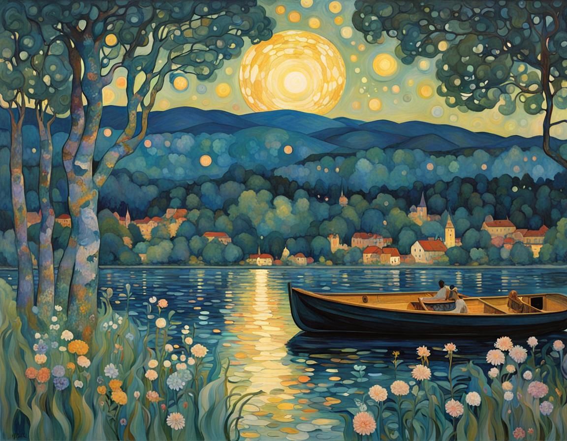 Swedish Lake: Midsummer Night Art, Stained Glass Style