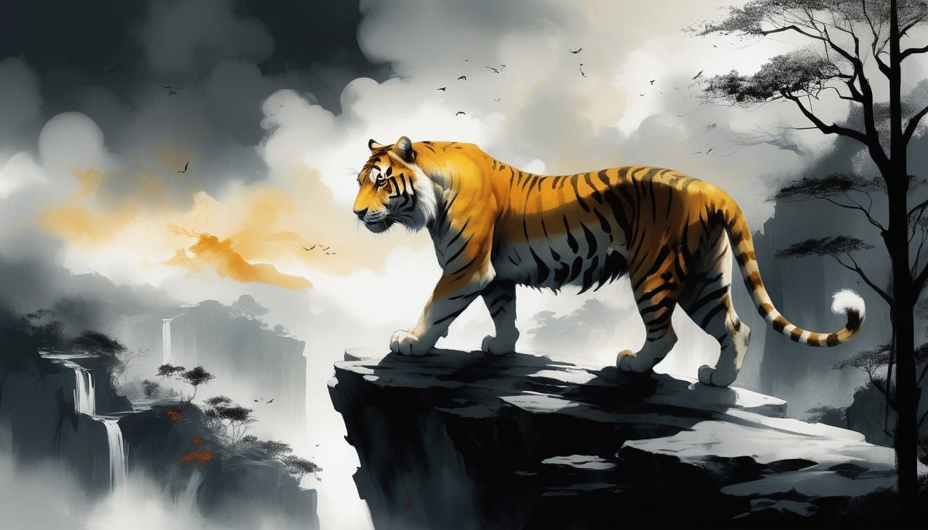 Golden Tiger in Impressive Ink Painting Style
