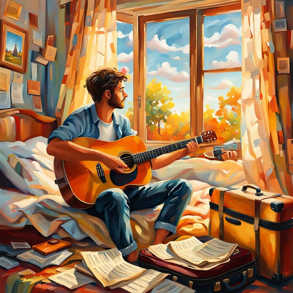 Musician's Sunny Daydream: Oil Painting in Retro Style