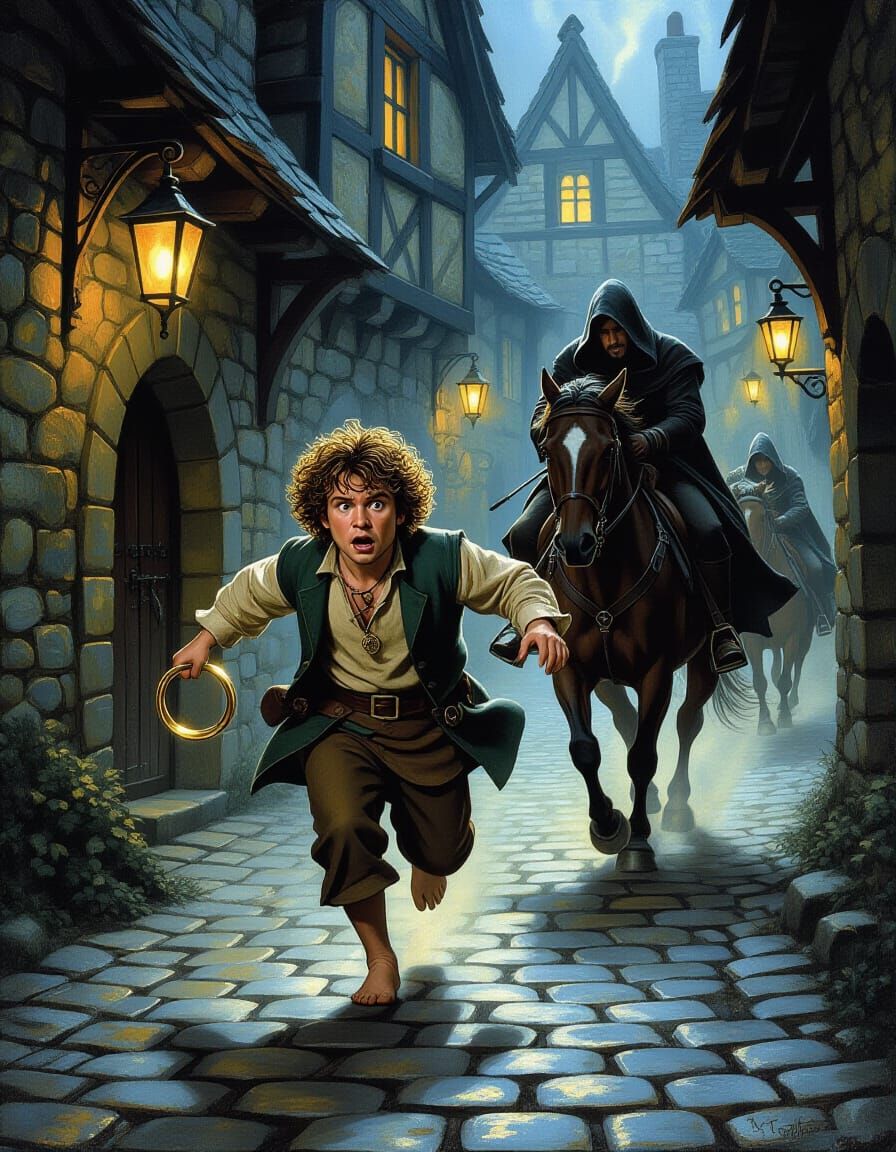 Hobbit Flees Black Rider in Gothic Alley Oil Painting
