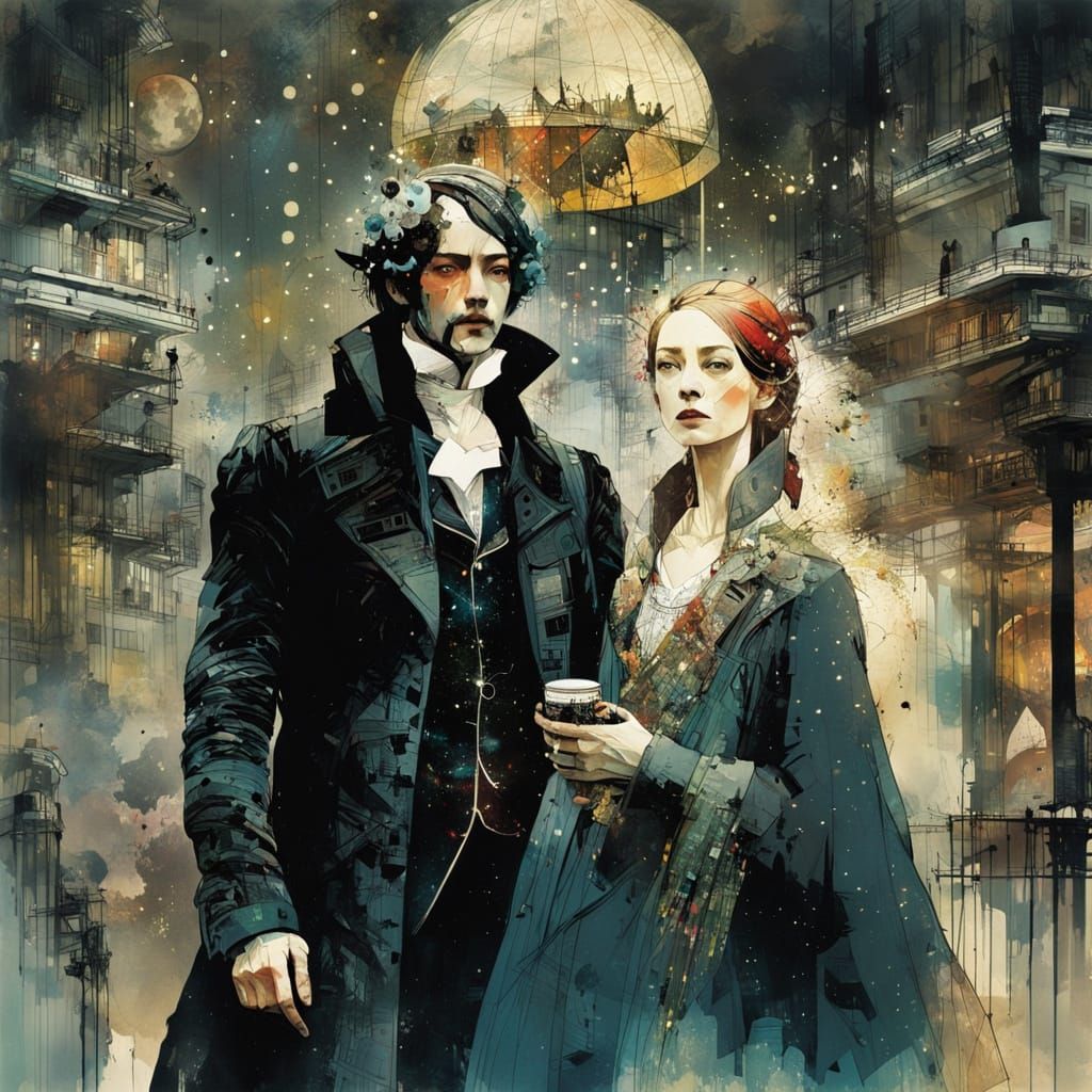 Galaxy Dripping into Cityscape Double Exposure Art