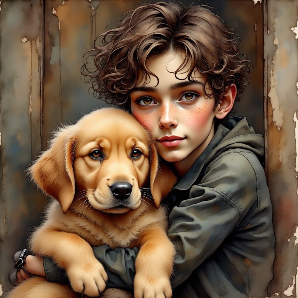 Handsome Young Man with Golden Retriever Puppy