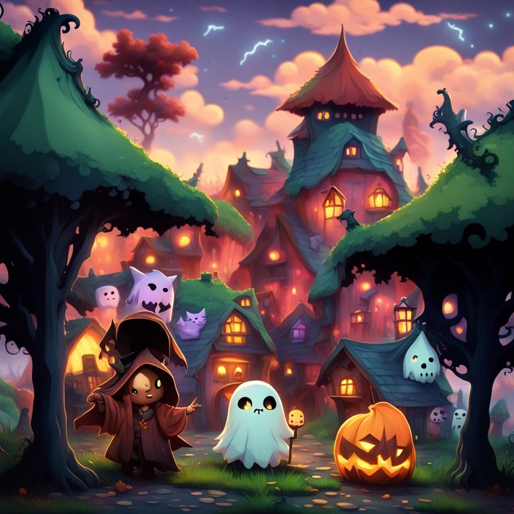 Chibi Ghosts Celebrate Halloween in Haunted Village