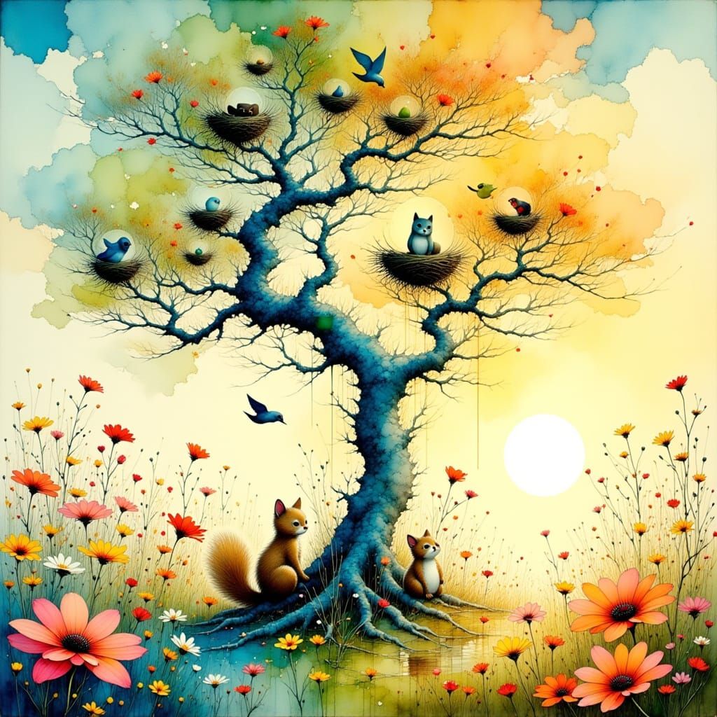 Whimsical Blue Tree with Colorful Birds at Sunrise