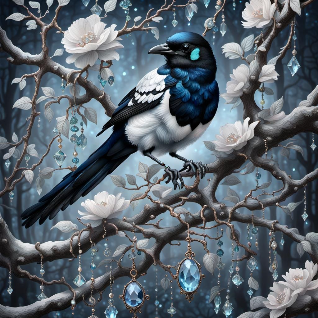 Gothic Rococo Magpie with Jewels on Branch