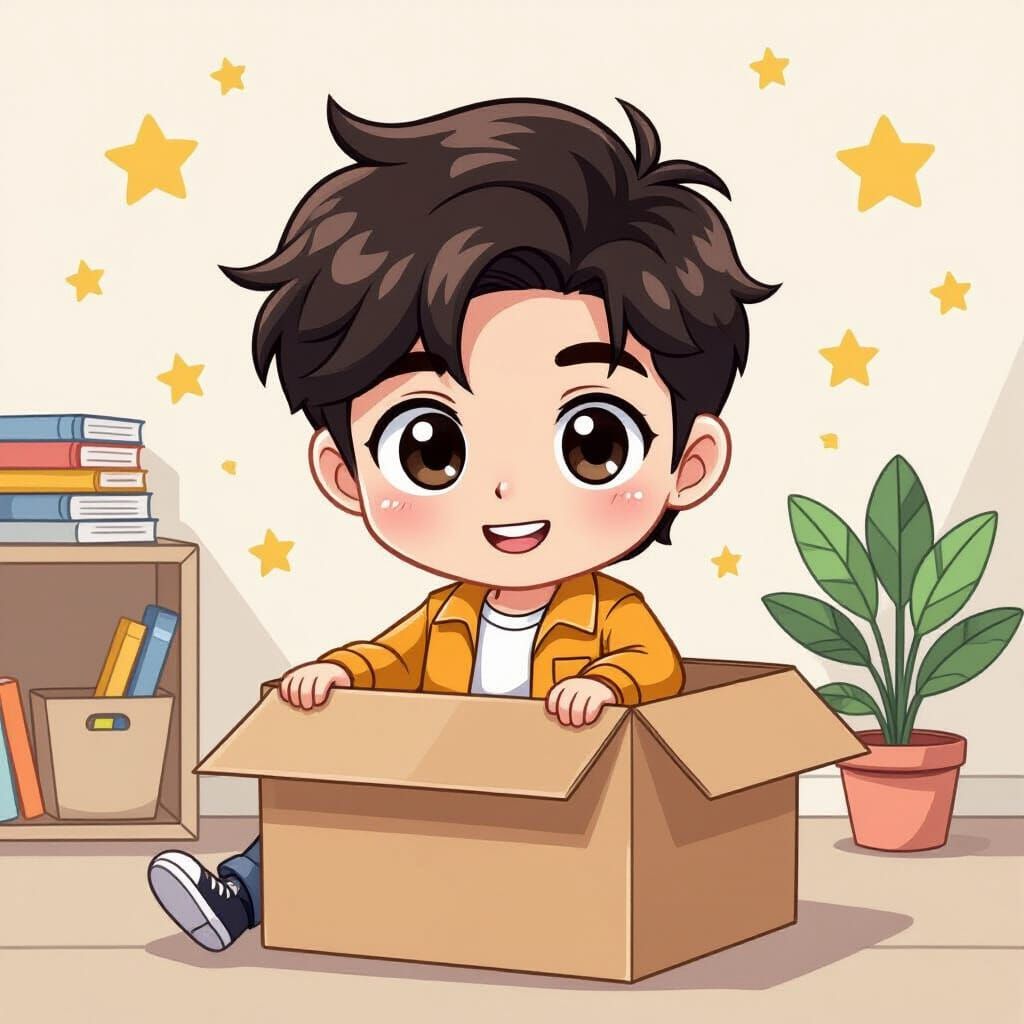 Chibi-Style Man Playing in Cardboard Box