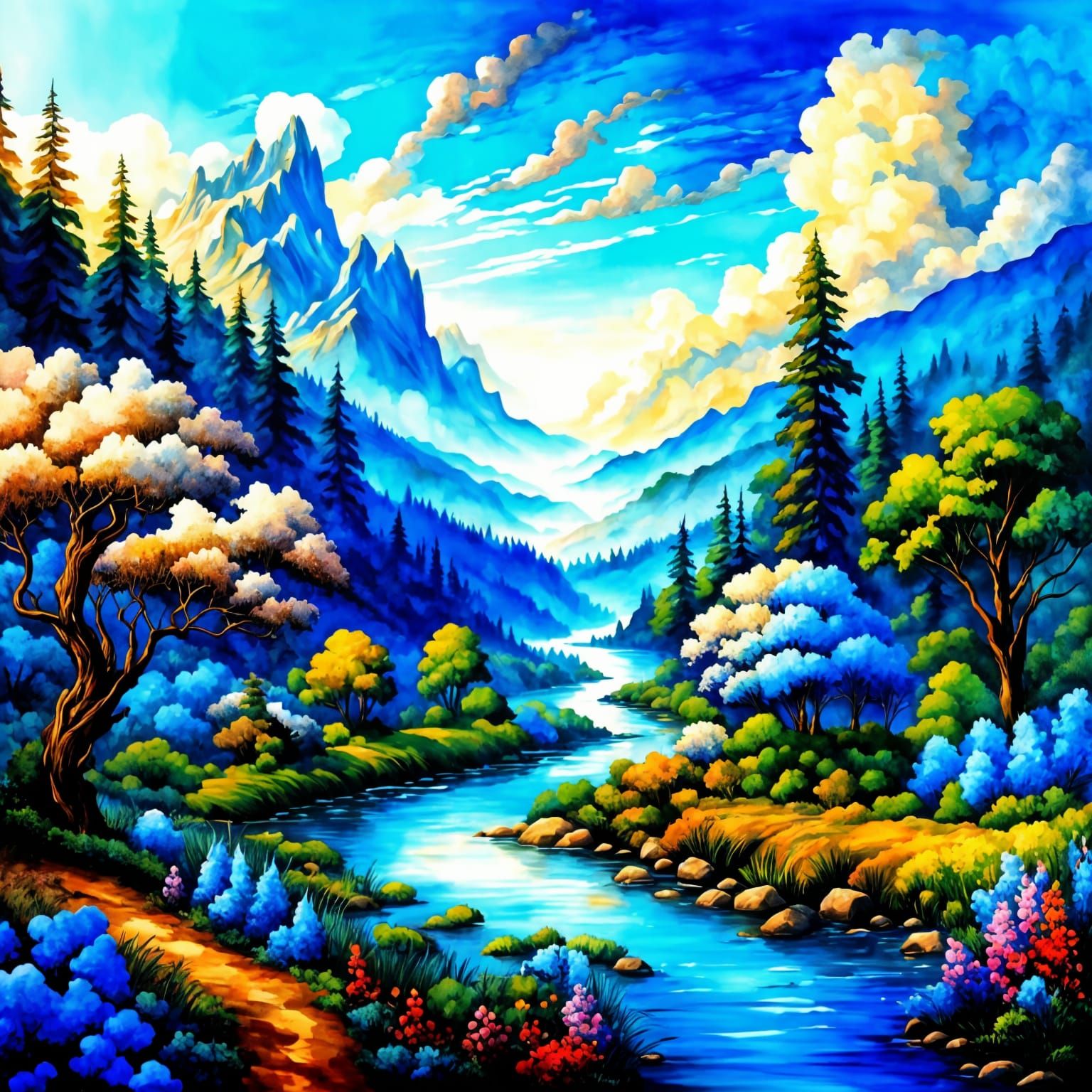 A beautiful landscape scene, river, forest, mountains, cloud...