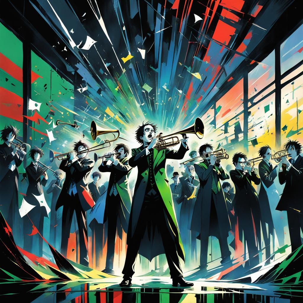 Trumpet Player Shatters Windows in Tim Burton Anime Style