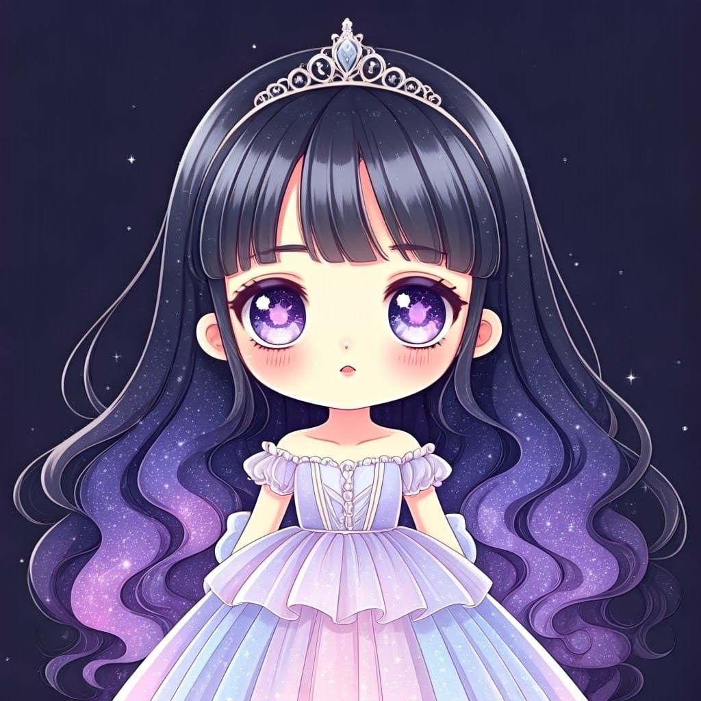 Ethereal Princess with Galaxy Hair and Sparkling Violet Eyes
