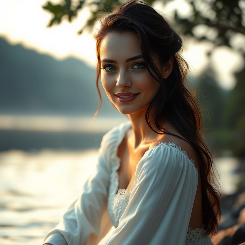 Ethereal Woman in Serene River Landscape