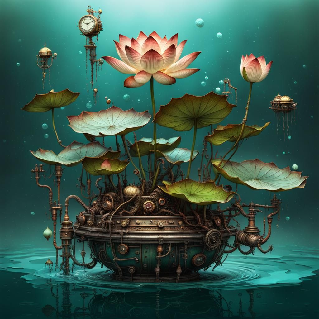 Steampunk Lotus on Water Surface