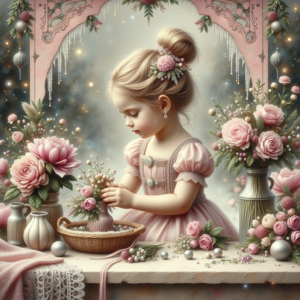 Victorian Toddler Flower Seller in Dreamy Winter Scene