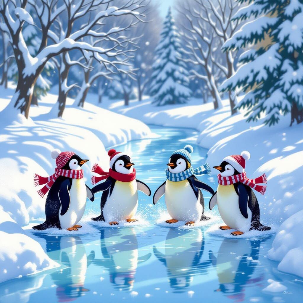 Penguins Sliding Downhill in Winter Wonderland