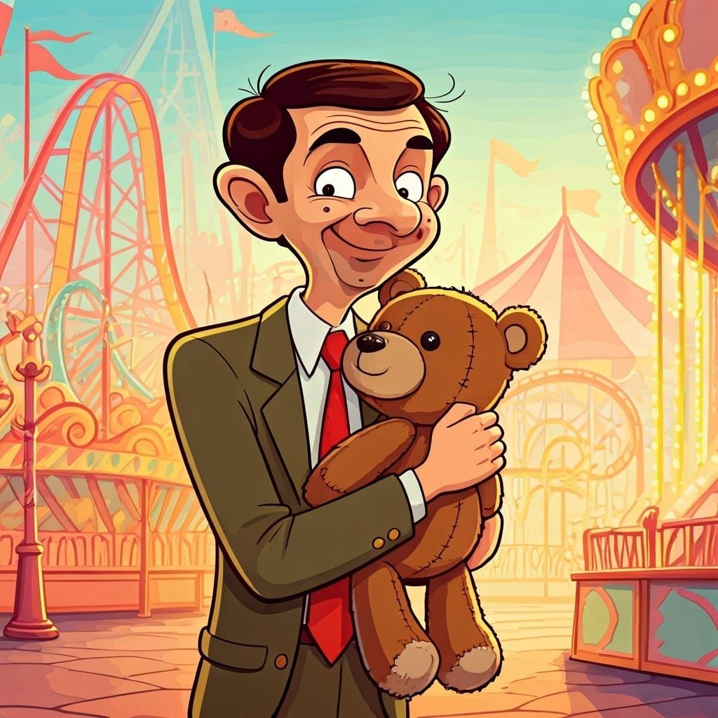 Mr. Bean Cartoon Hugging Teddy Bear in Amusement Park