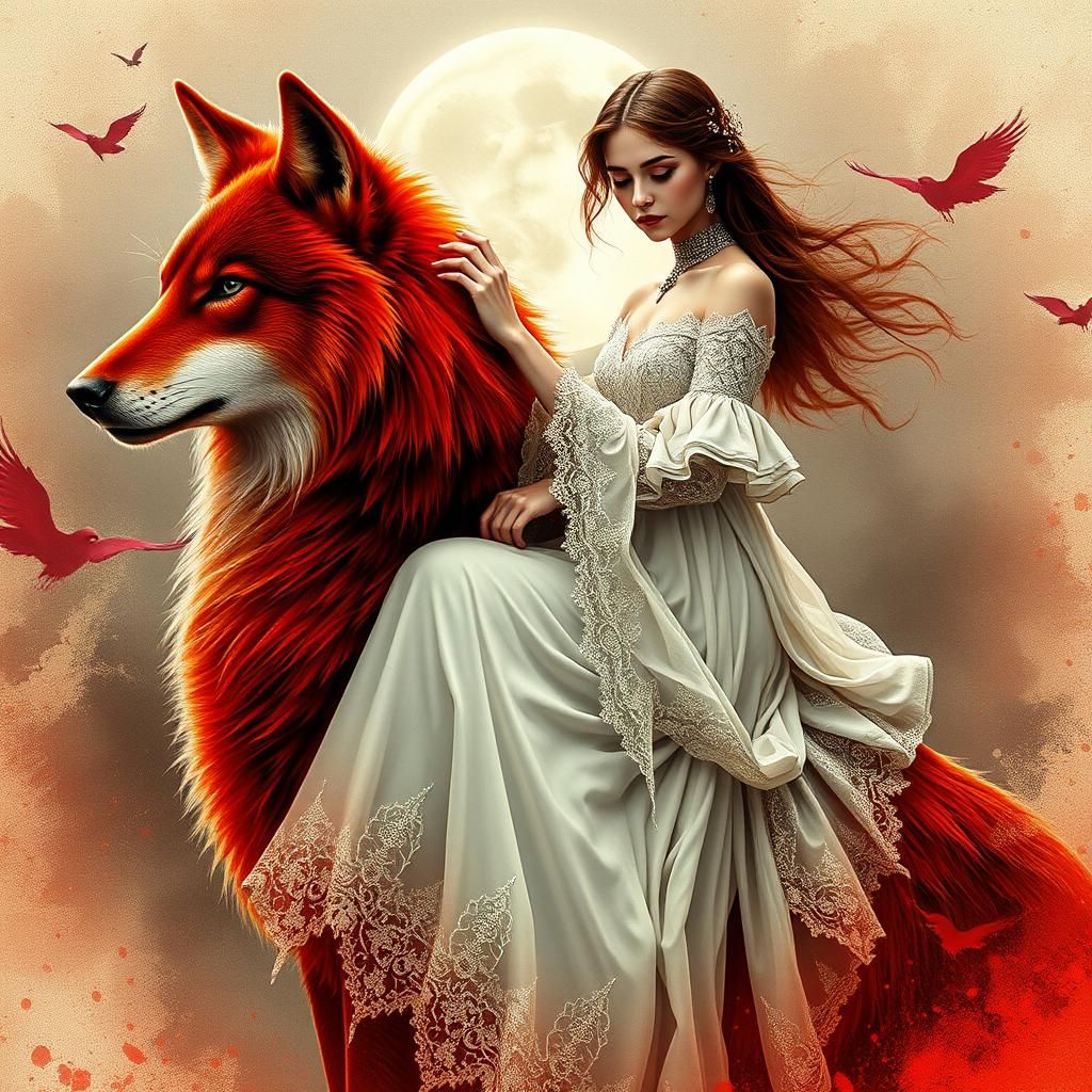 Woman on Red Wolf in Ethereal Digital Watercolor