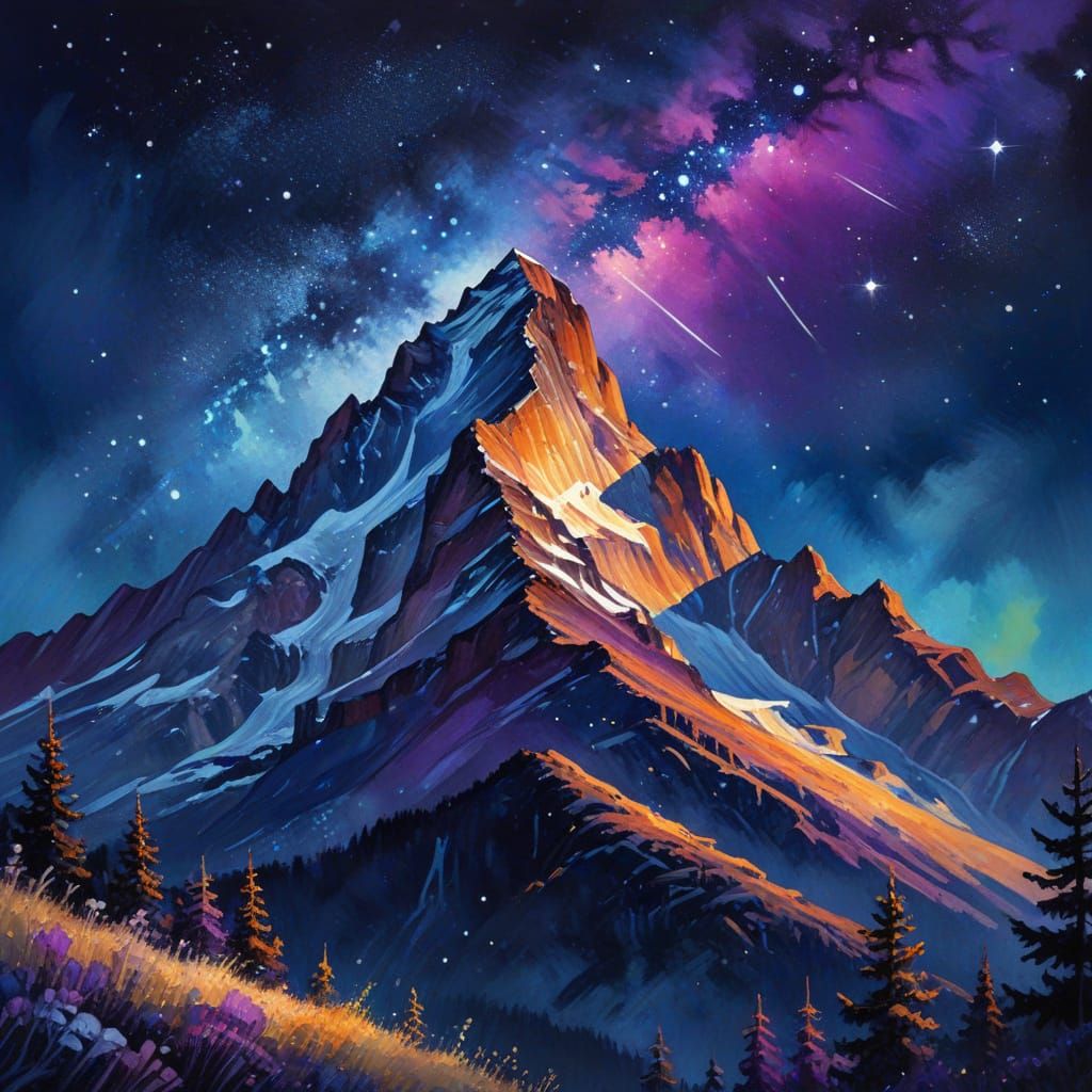 Mountain Peak Under Starry Sky: Gouache Style