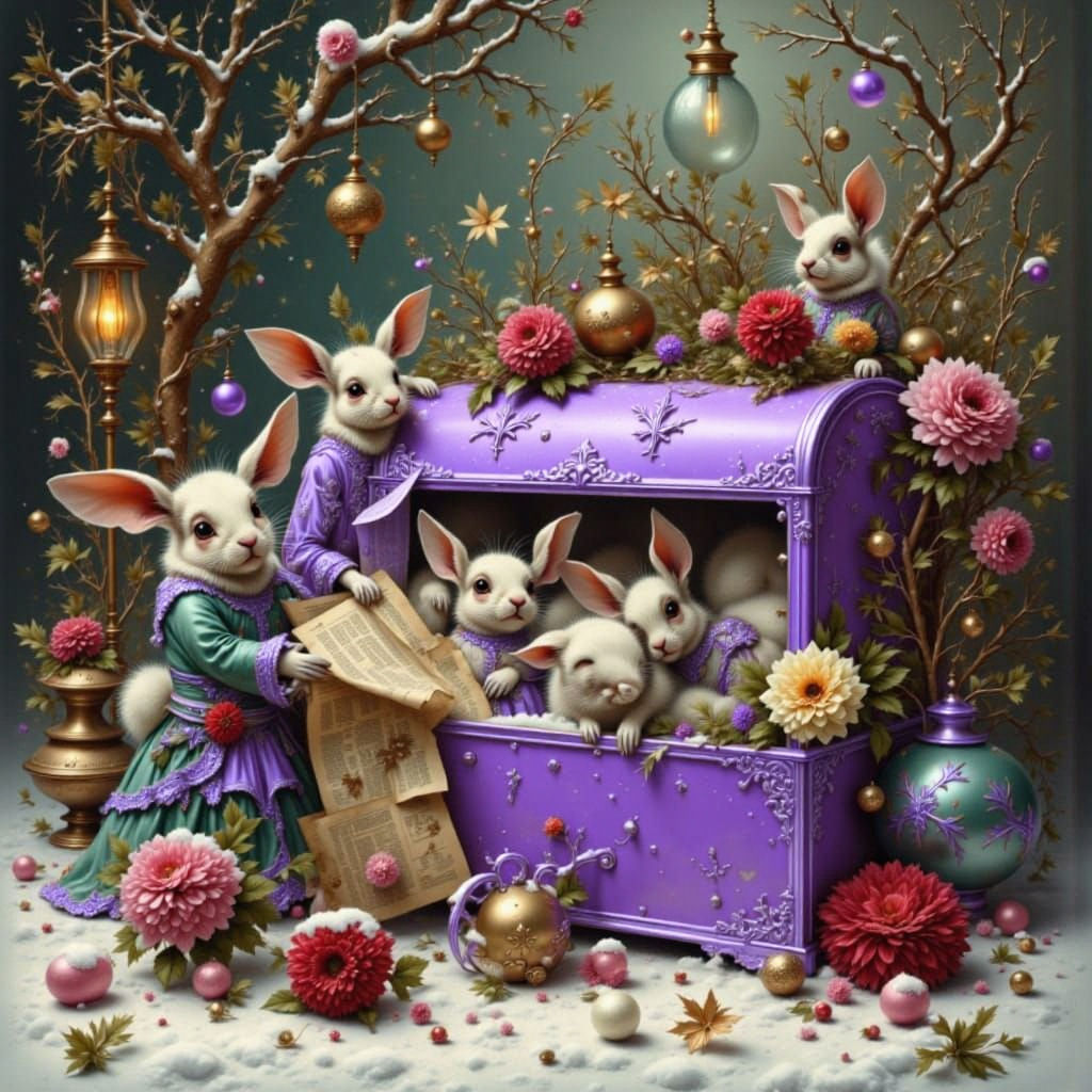 Baroque style of Christmas time, rabbits and a purple letterbox.