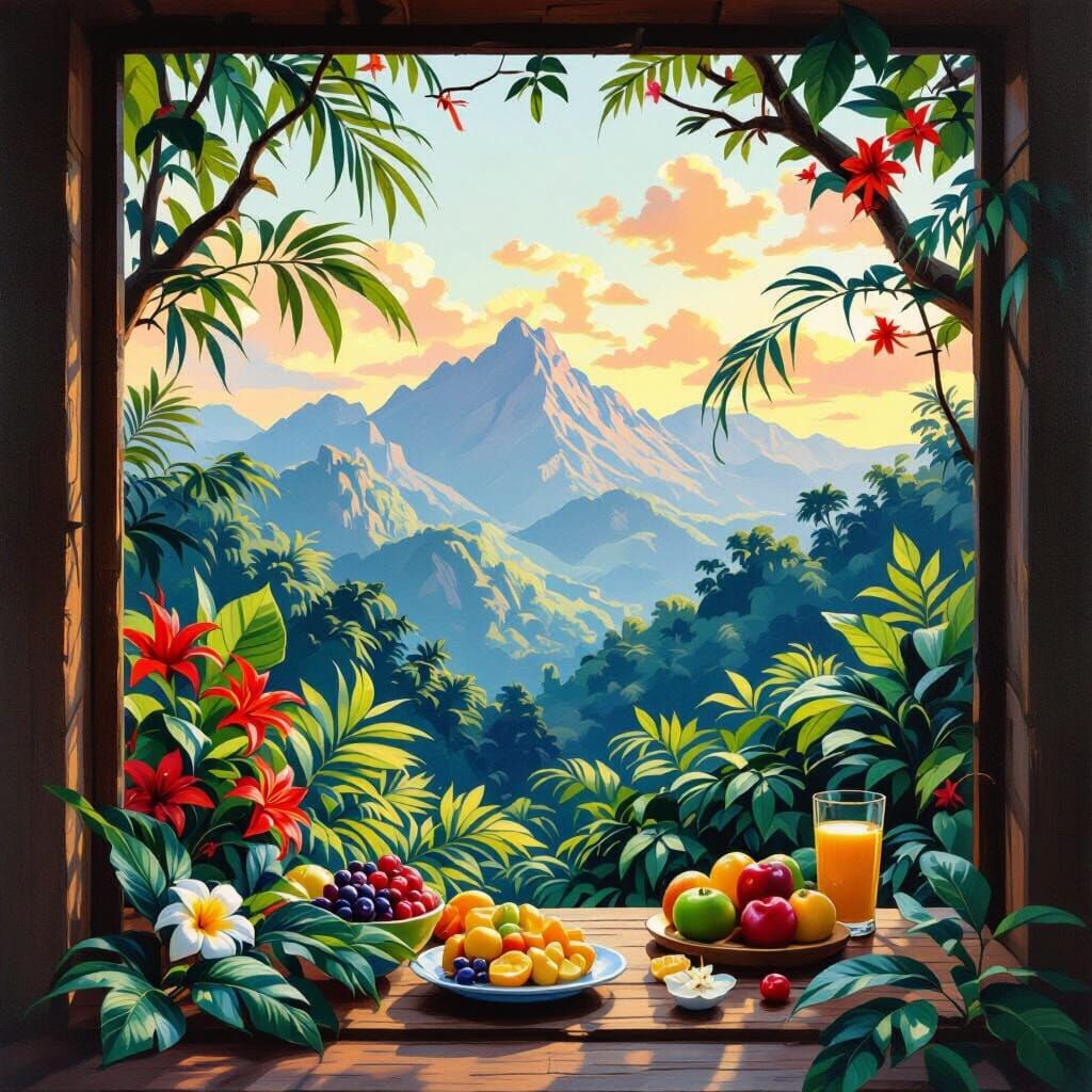 Lush Tropical Rainforest Still Life as Oil Painting