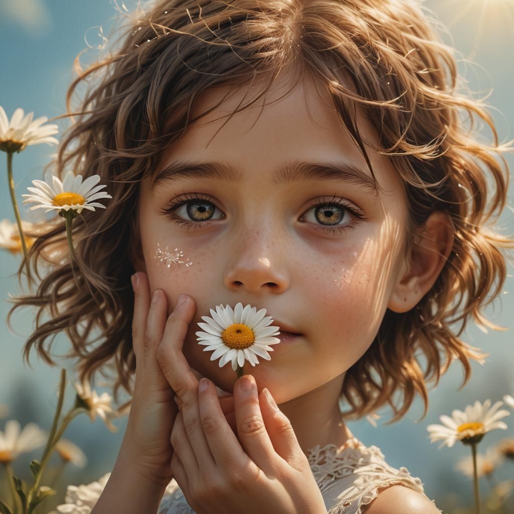 Child's Hand Holds Daisy: High-Fantasy Portrait