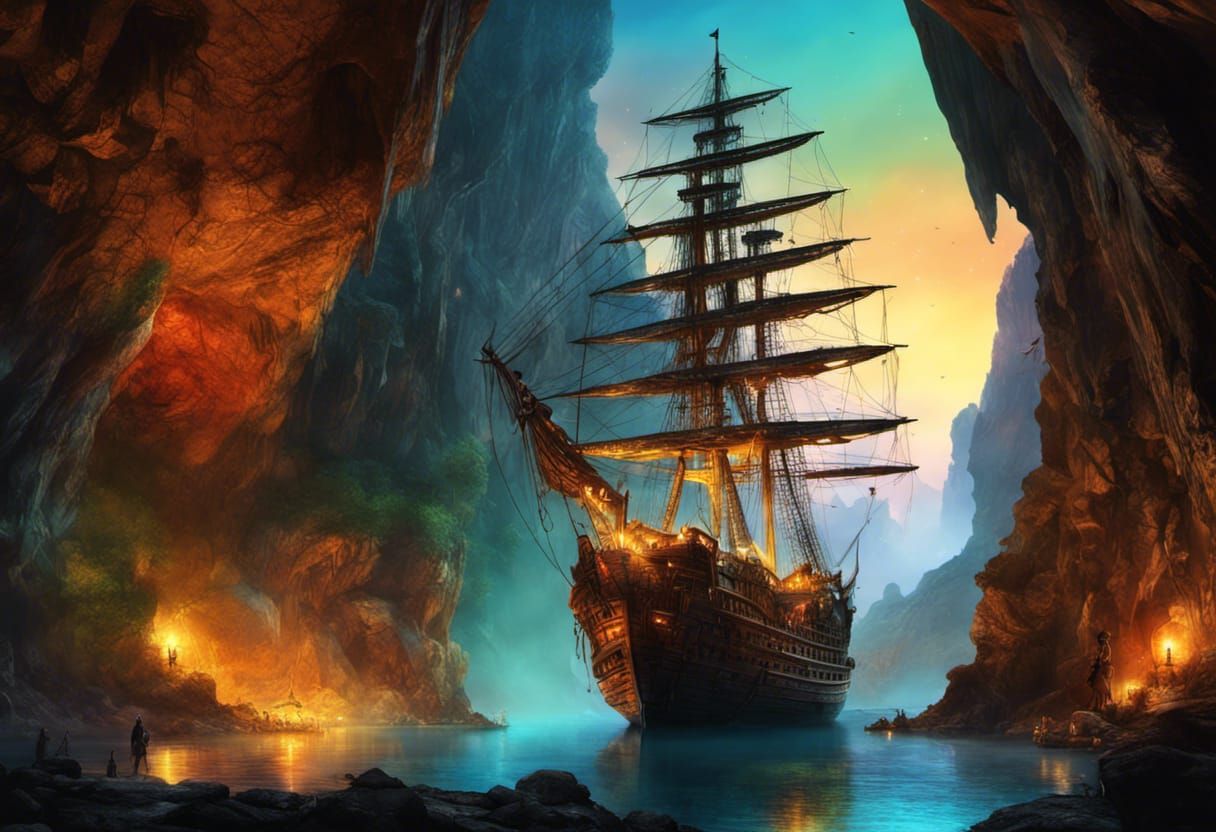Pirate Ship Hidden in Glowing Cave, Hyperrealistic Art