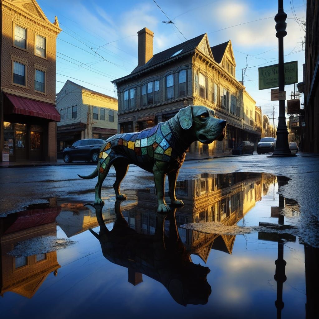 Surreal Upside-Down Cityscape with Lisa and a Zombie Dog