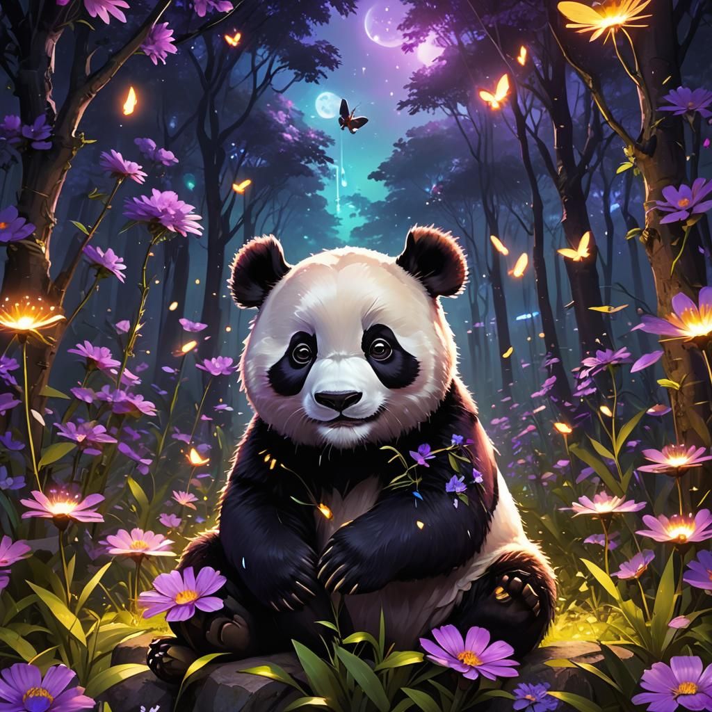 Panda in Enchanted Cyberpunk Forest at Dusk