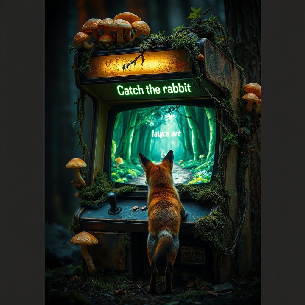 Old Arcade Cabinet in Enchanted Forest with Fox Playing Game