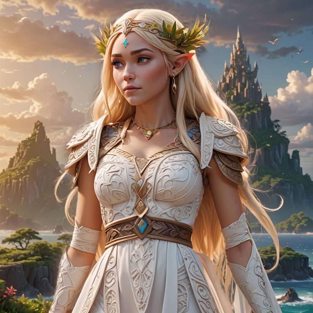 Blonde Elven Princess in Polynesian Dress: 3D Art