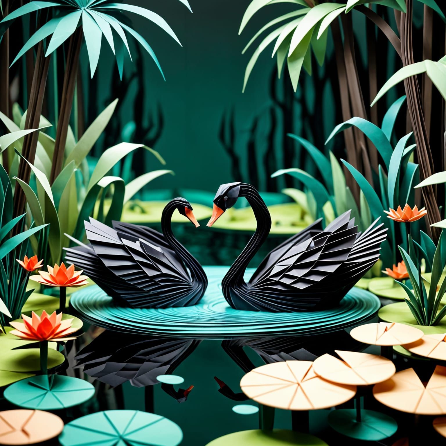 Origami Black Swans in Paper Forest Scene
