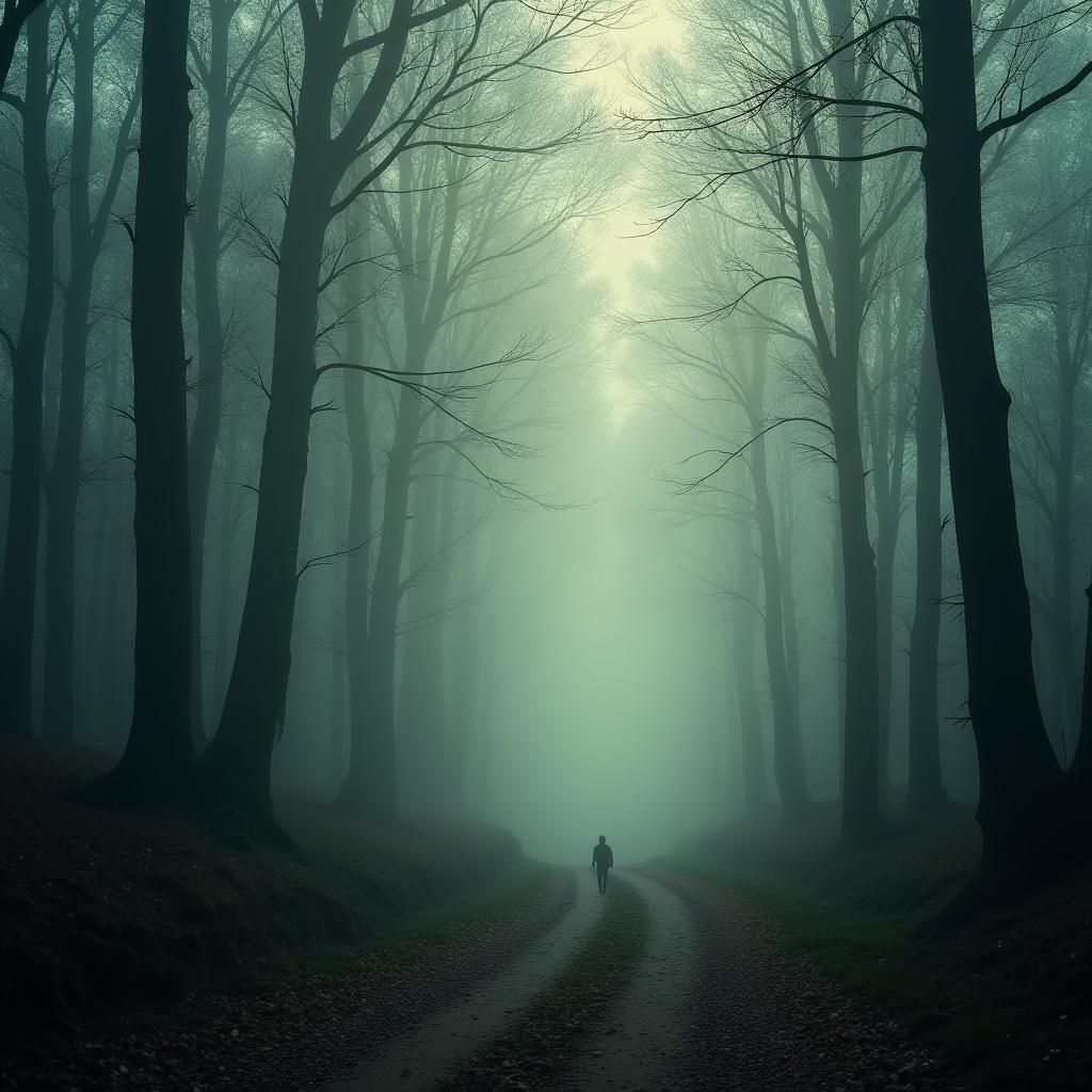 Mysterious Forest Path in Fog, Dreamlike Landscape