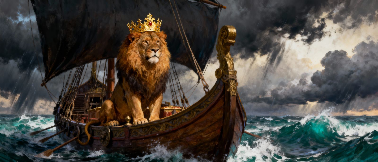 Regal Lion King on Ancient Ship in Stormy Seas
