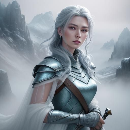 Stone Woman with Frost Sword in Misty Mountains