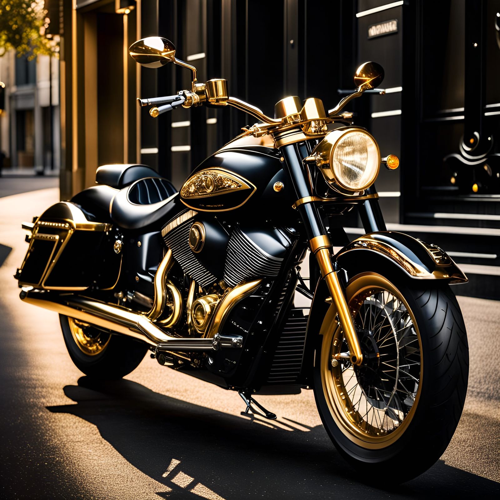 Black and Gold Motorcycle in Hyperrealistic Style