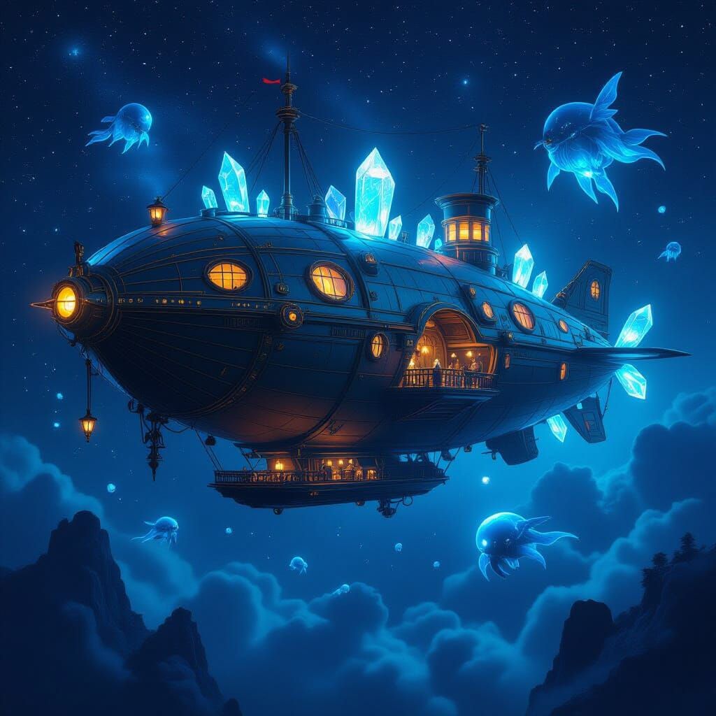 Steampunk Airship Drifting Through Bioluminescent Space