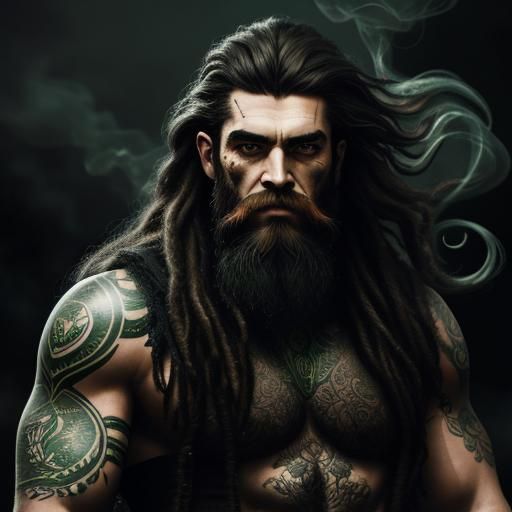 Celtic tattooed warrior. Green eyes and extremely long curly beard and hair. Blackmood. Chiaroscuro soft blended light, ...