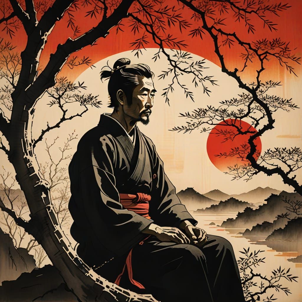 Man Contemplating Nature in Japanese Woodblock Print