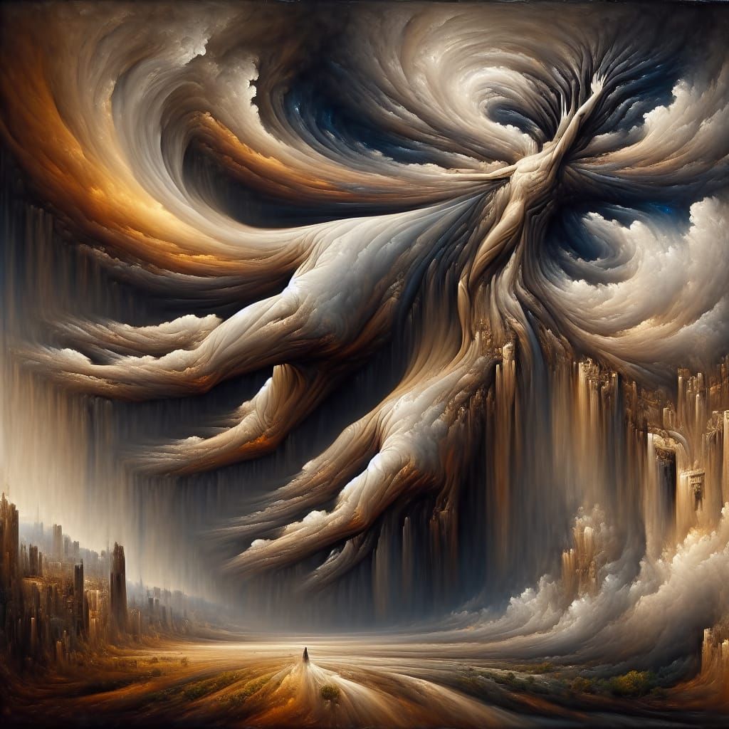 Surreal Figure Morphs into Landscape, Detailed Oil Painting
