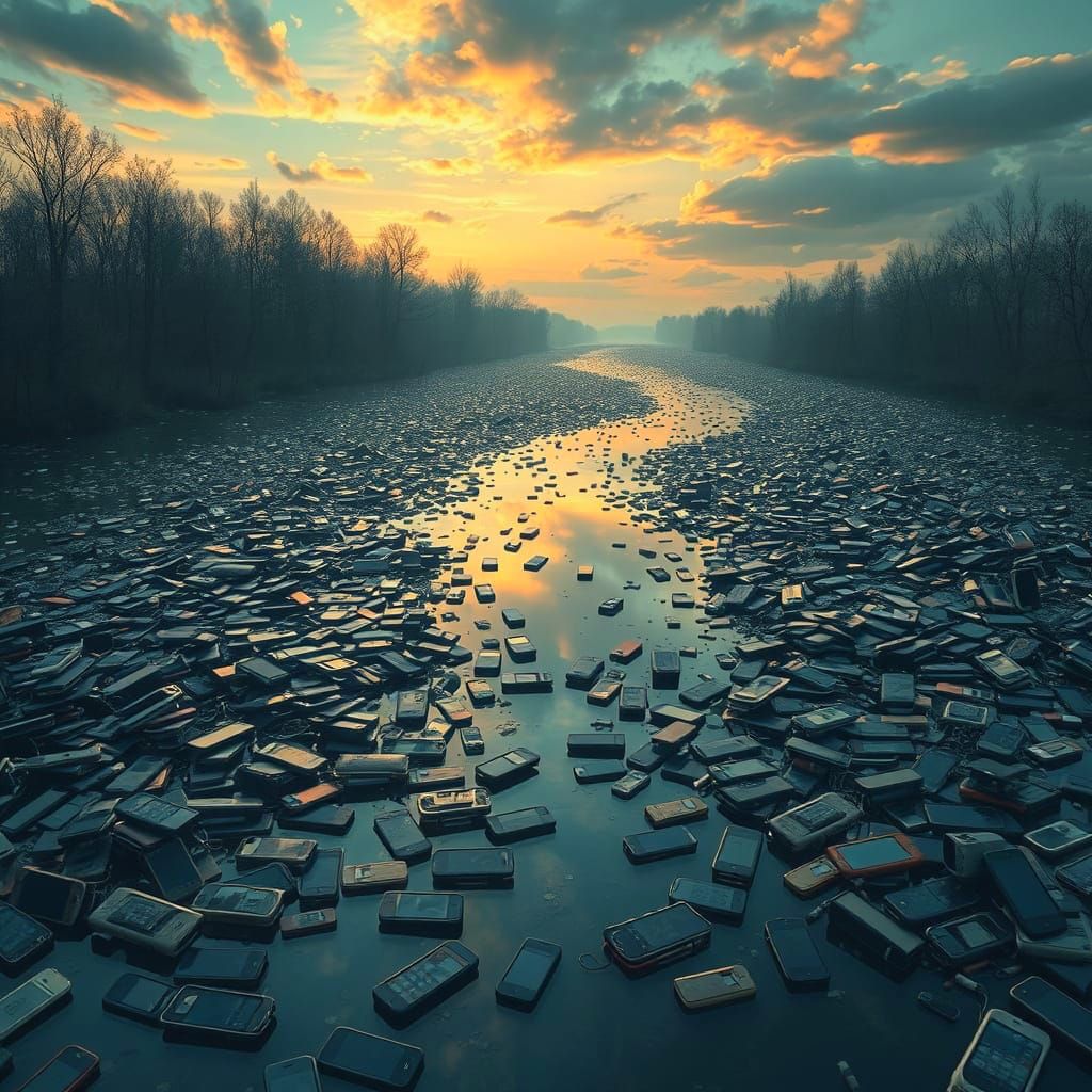River Reflections with Discarded Phones in a Digital Matte P...