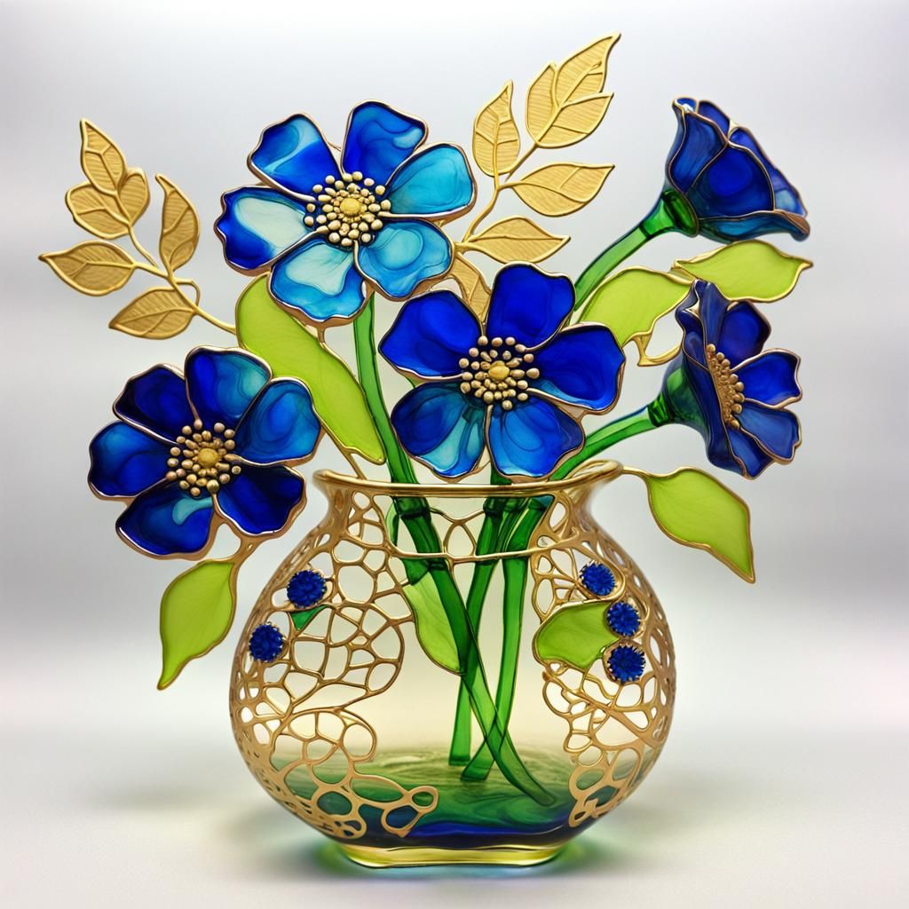 Alcohol Ink Flowers in Klein Blue and Gold