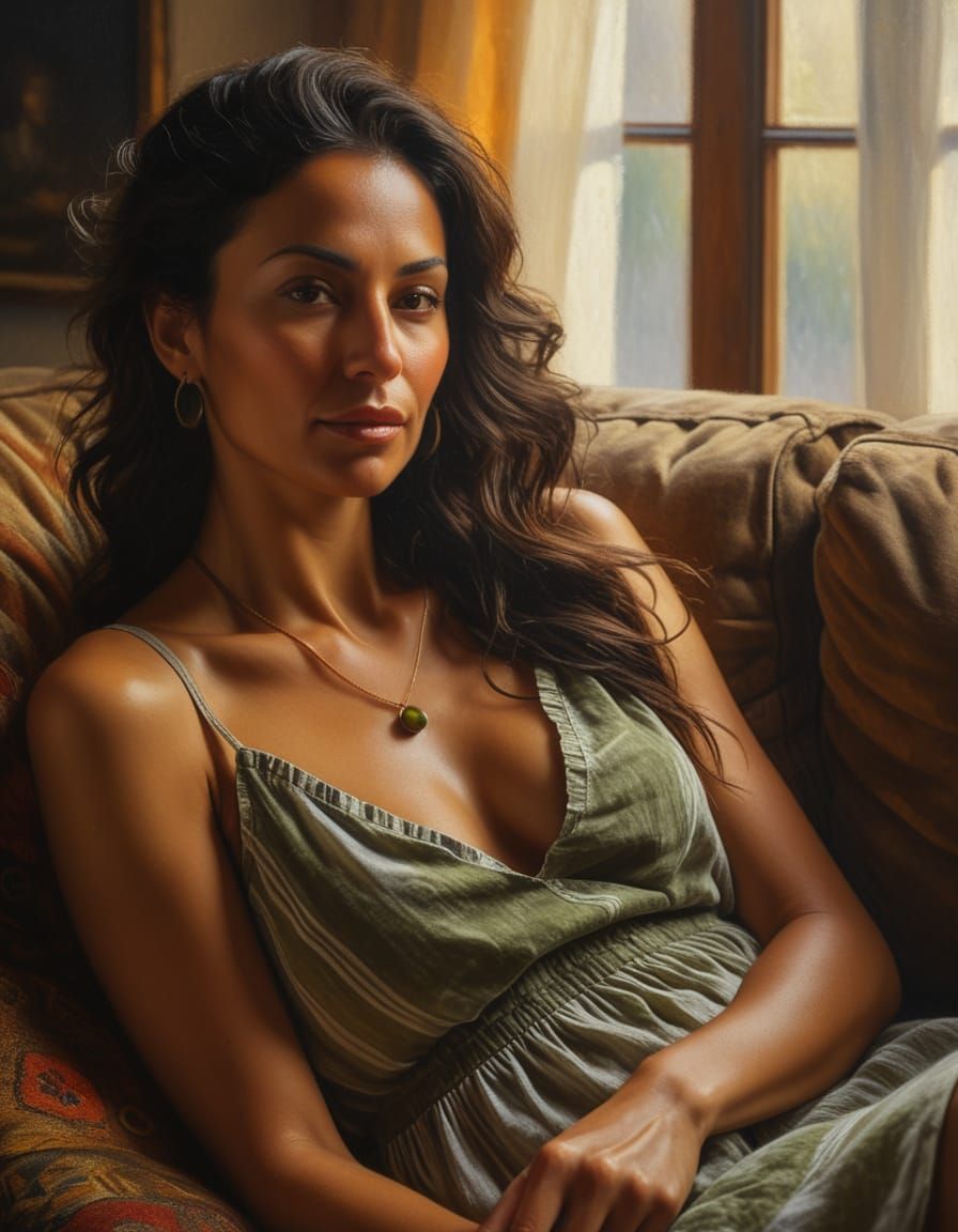 Woman Lounging on Sofa: Impressionist Oil Painting