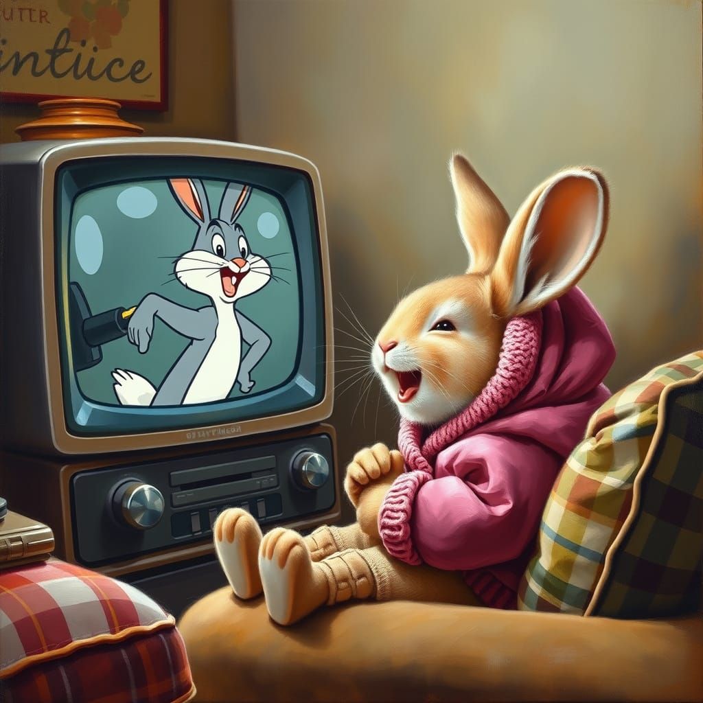 Baby Rabbit's Joyful TV Moment: Imaginative Realism